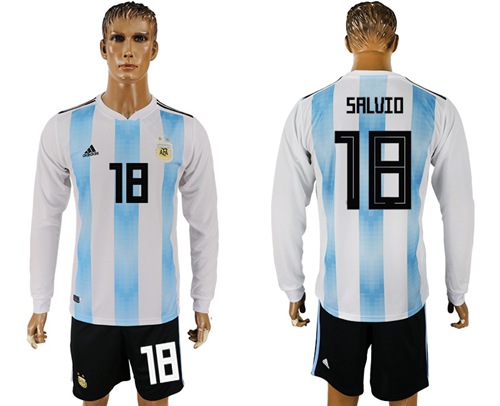 Argentina #18 Salvio Home Long Sleeves Soccer Country Jersey